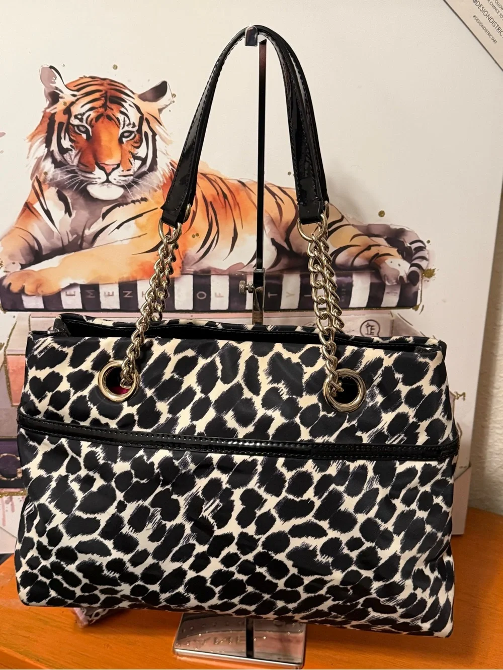 kate spade Black and White Leopard Print Shoulder Bag with Gold Chain Handles